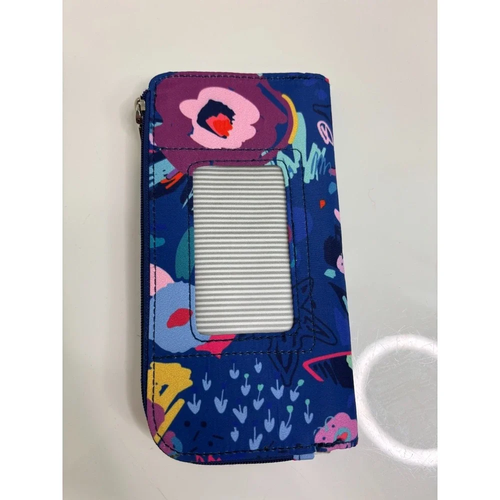 NWOT Travelon RFID Single Zip Wallet Floral Striped Navy Blue Pink Red Thin READ